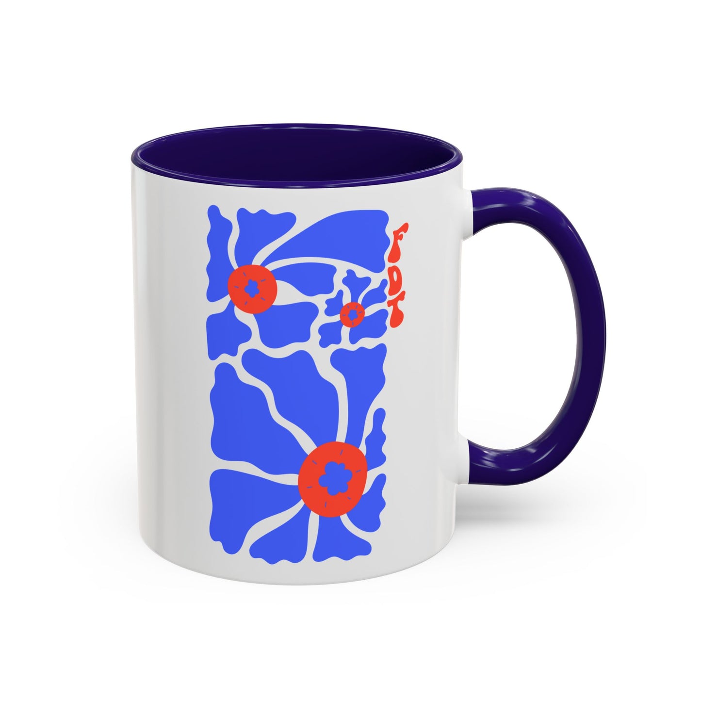 Ceramic Mug, Colored Handle - 'FDT' Red & Blue Floral