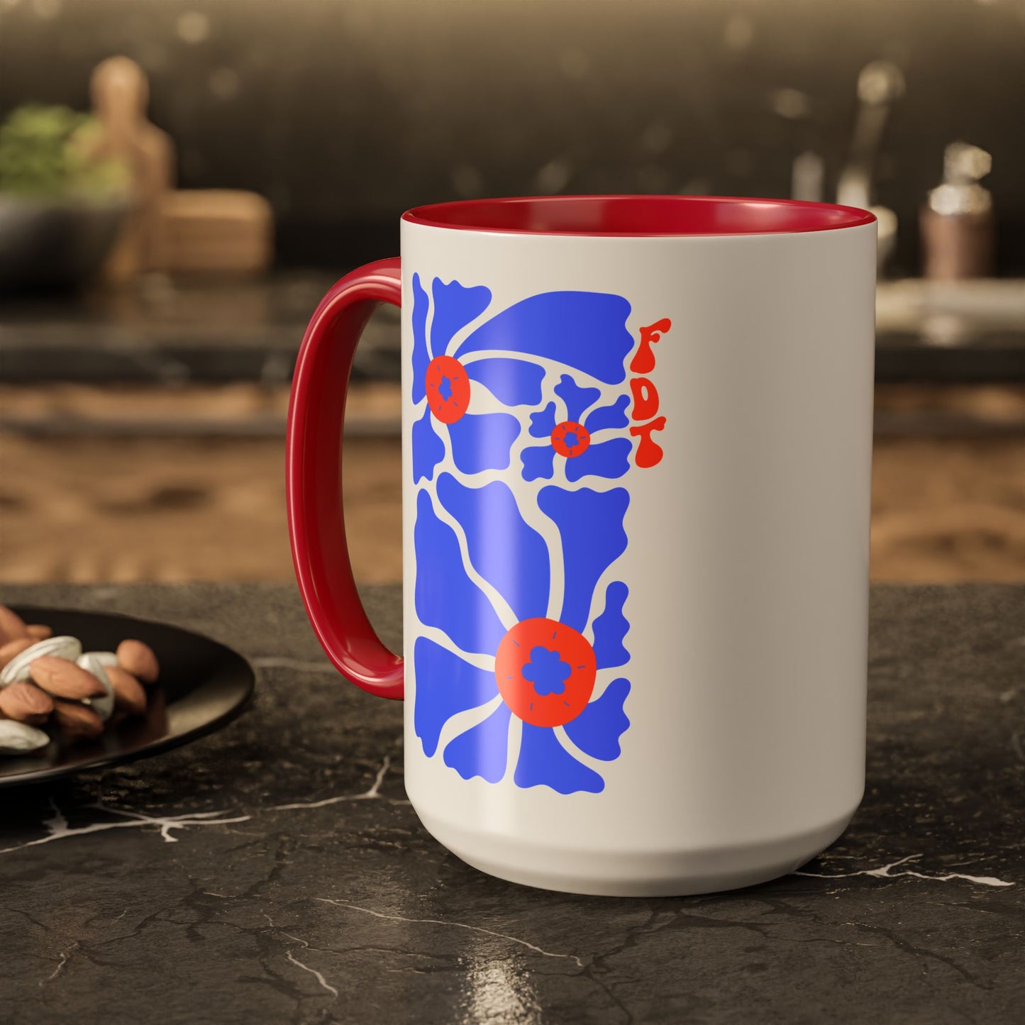 Ceramic Mug, Colored Handle - 'FDT' Red & Blue Floral