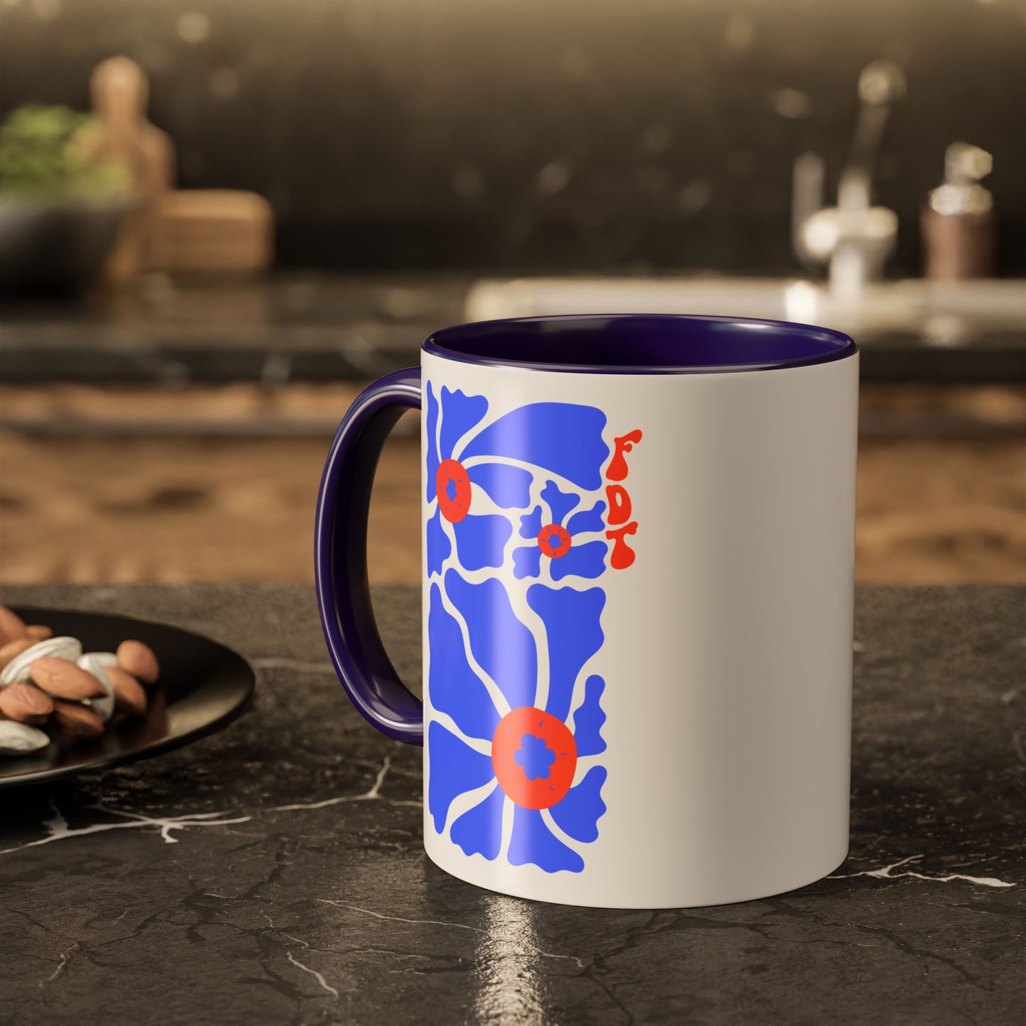 Ceramic Mug, Colored Handle - 'FDT' Red & Blue Floral