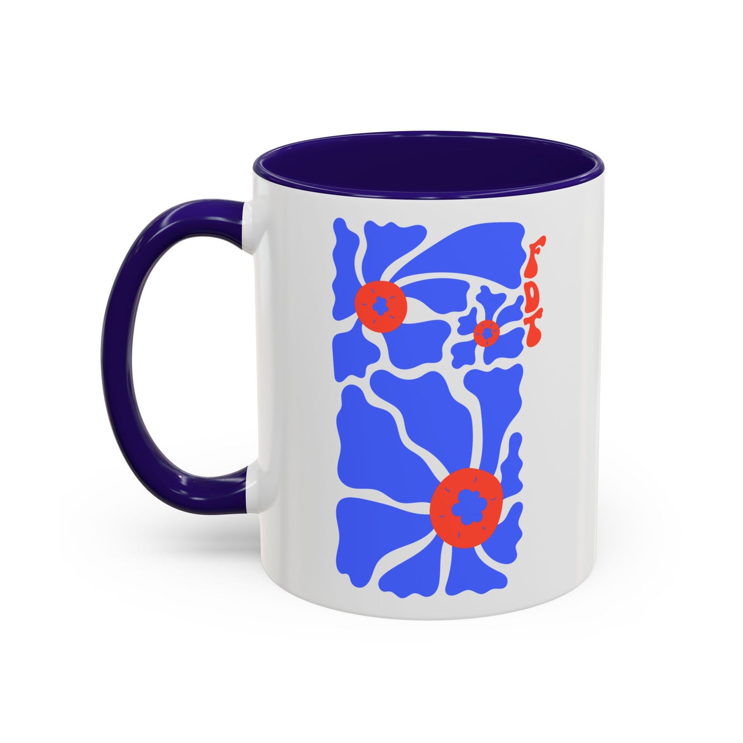 Ceramic Mug, Colored Handle - 'FDT' Red & Blue Floral