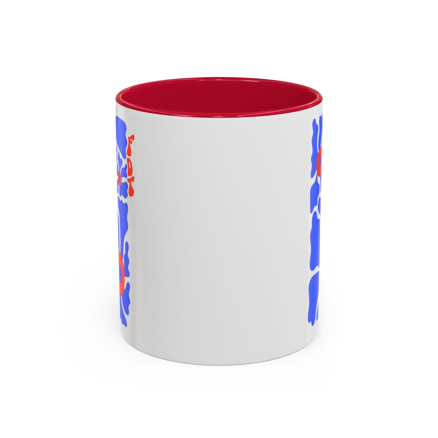 Ceramic Mug, Colored Handle - 'FDT' Red & Blue Floral