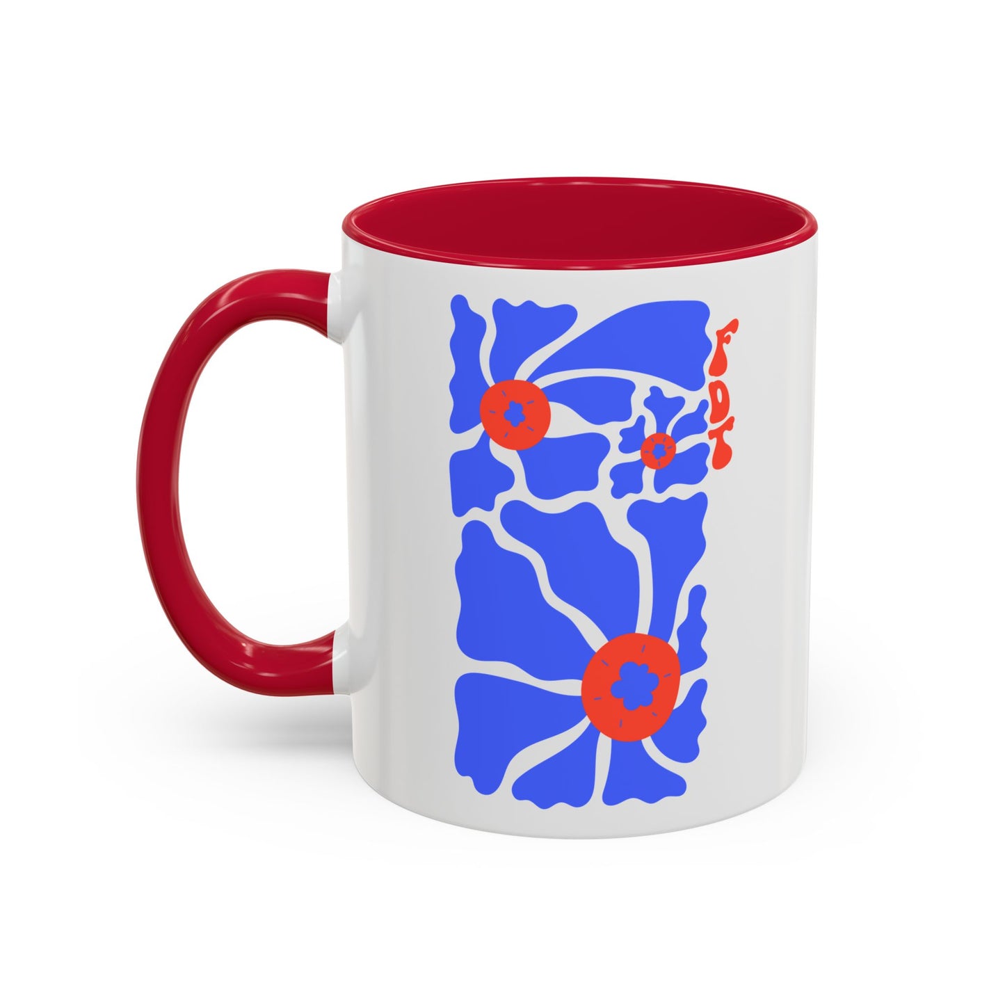 Ceramic Mug, Colored Handle - 'FDT' Red & Blue Floral