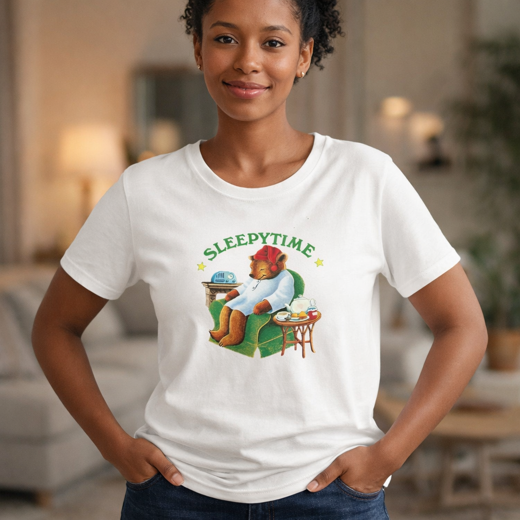 Sleepytime Bear Scoop Neck Tee — Cozy Retro Storybook Graphic