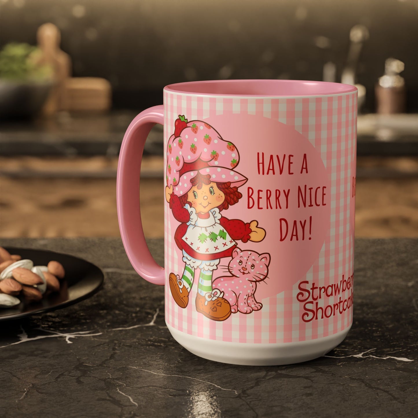 Strawberry Shortcake Pink Gingham Ceramic Mug - 11oz or 15oz