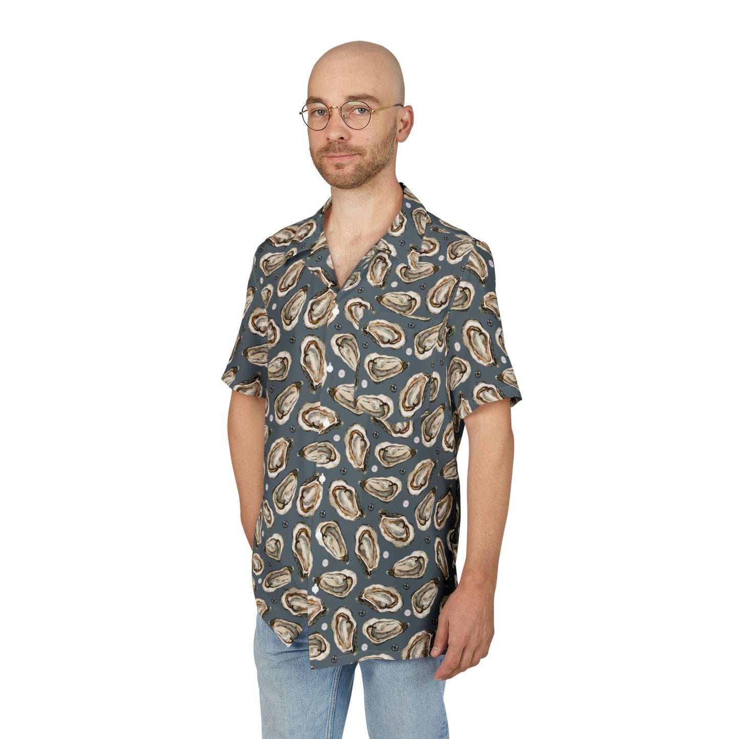 Unisex Hawaiian Button-Down Shirt - Ocean-Inspired Oyster Print