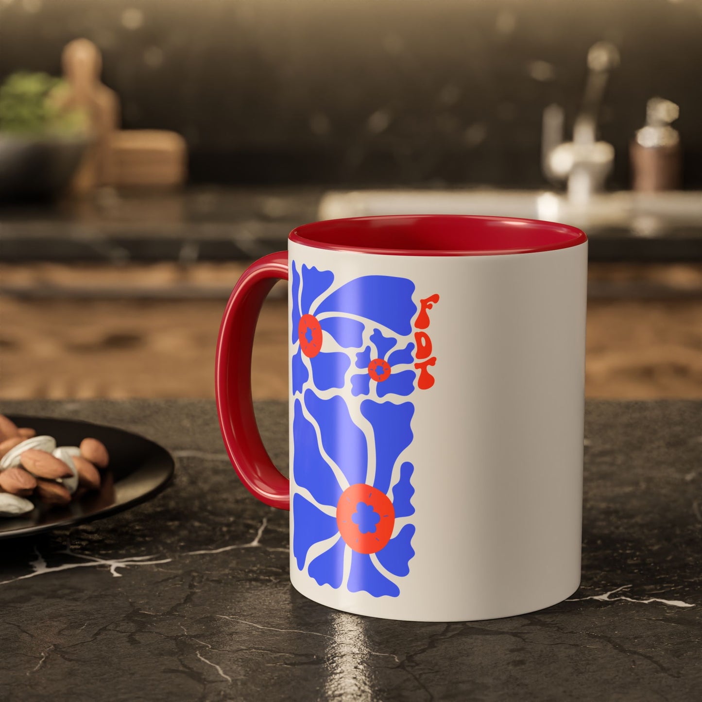 Ceramic Mug, Colored Handle - 'FDT' Red & Blue Floral