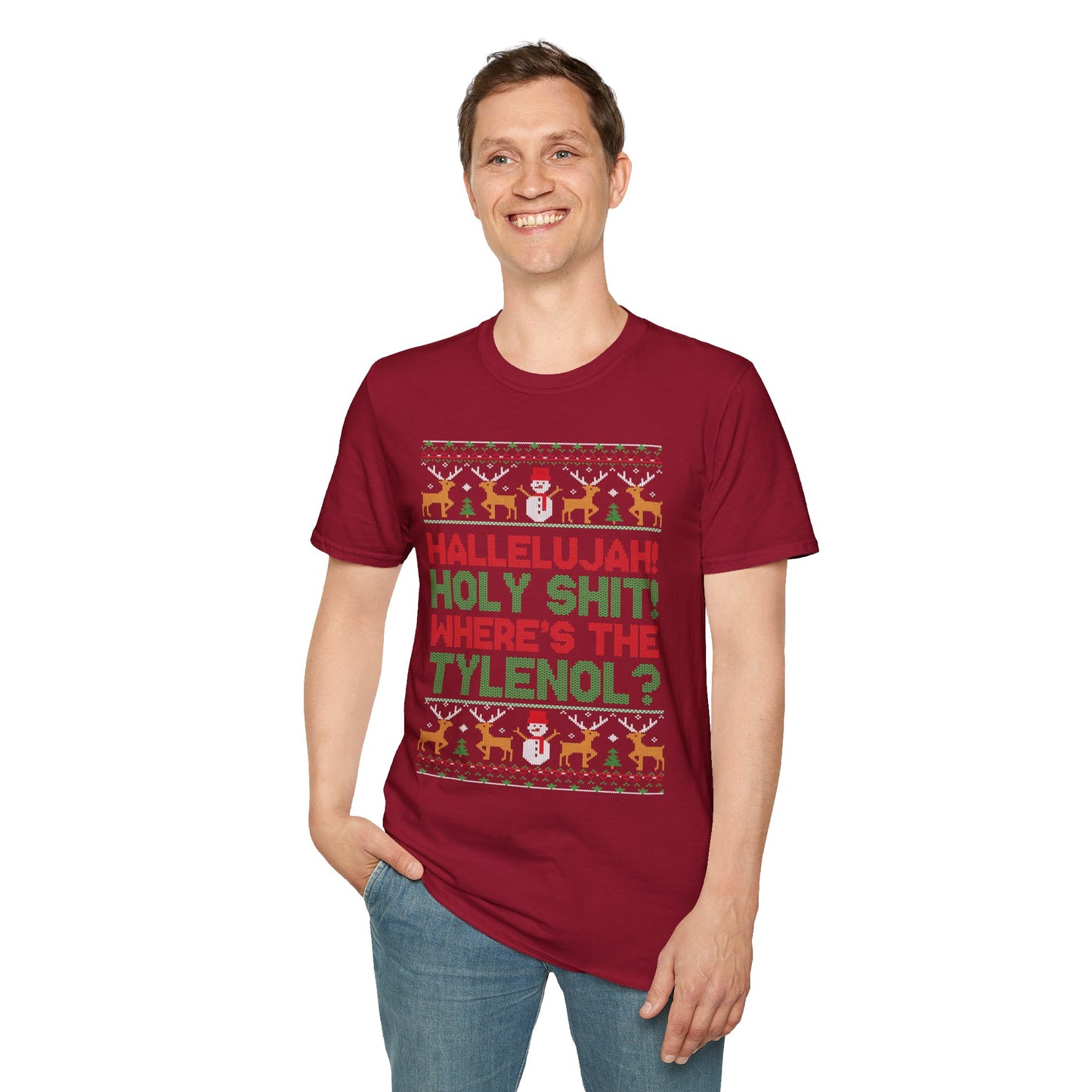 “Hallelujah! Holy Shit! Where’s the Tylenol?” Holiday Ugly Sweater Tee