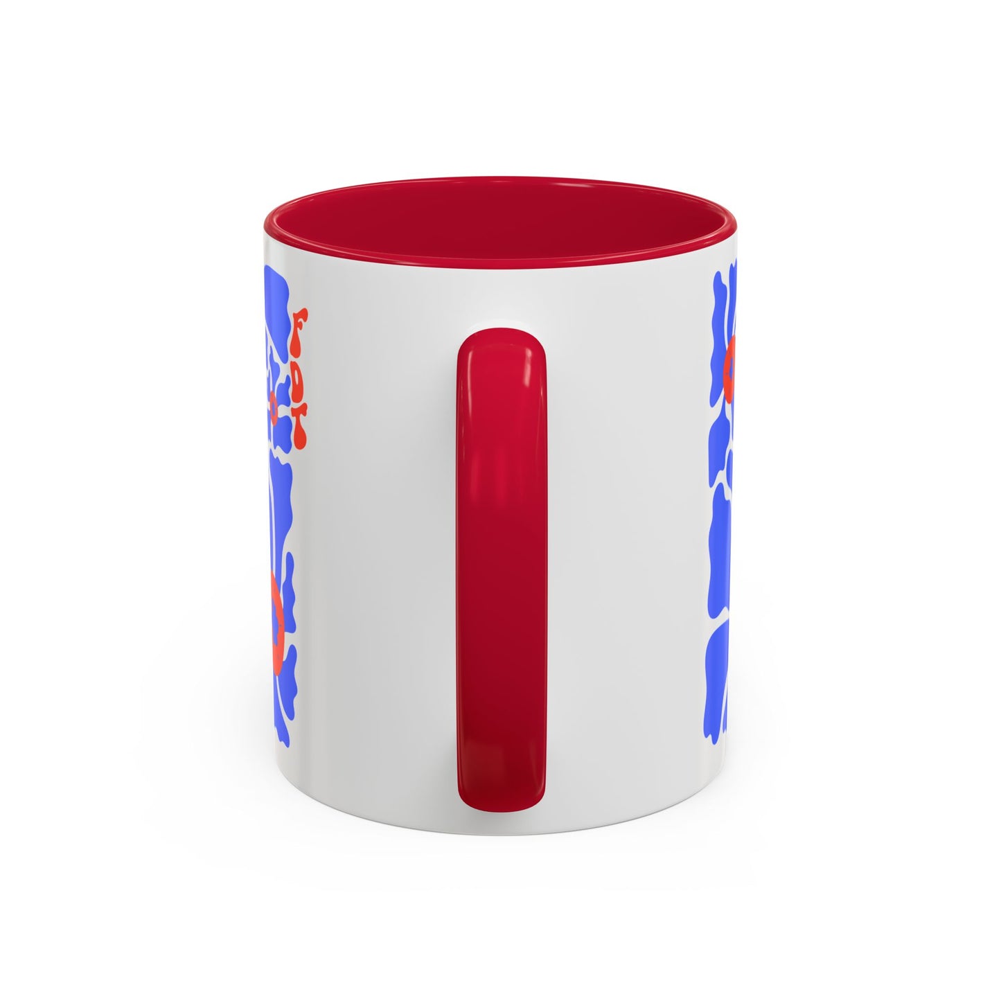 Ceramic Mug, Colored Handle - 'FDT' Red & Blue Floral