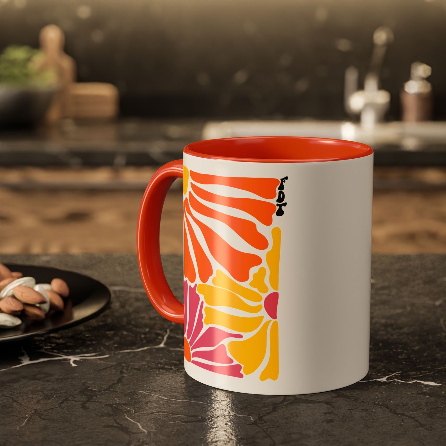 Ceramic Mug with Orange Accents - 'FDT' Colorful Floral