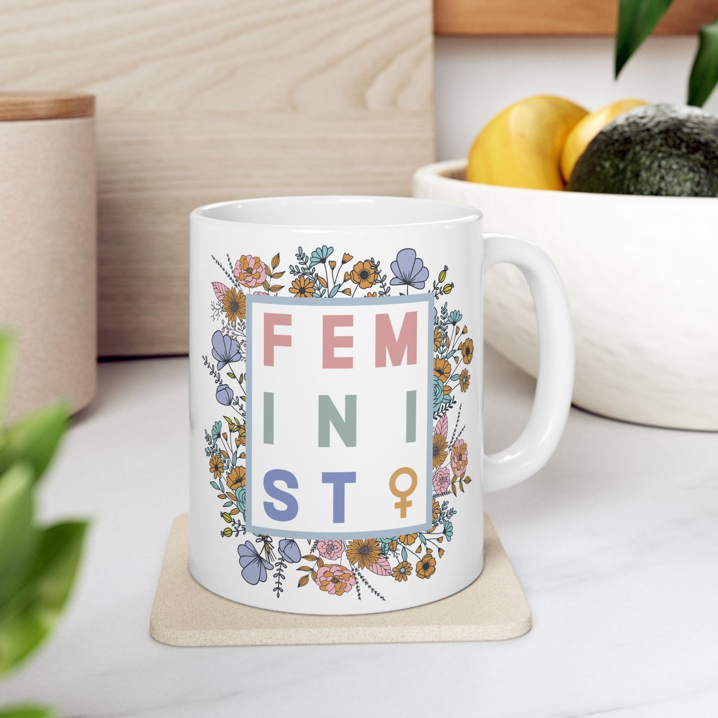 White Ceramic Mug - Floral Feminist, 11oz or 15oz