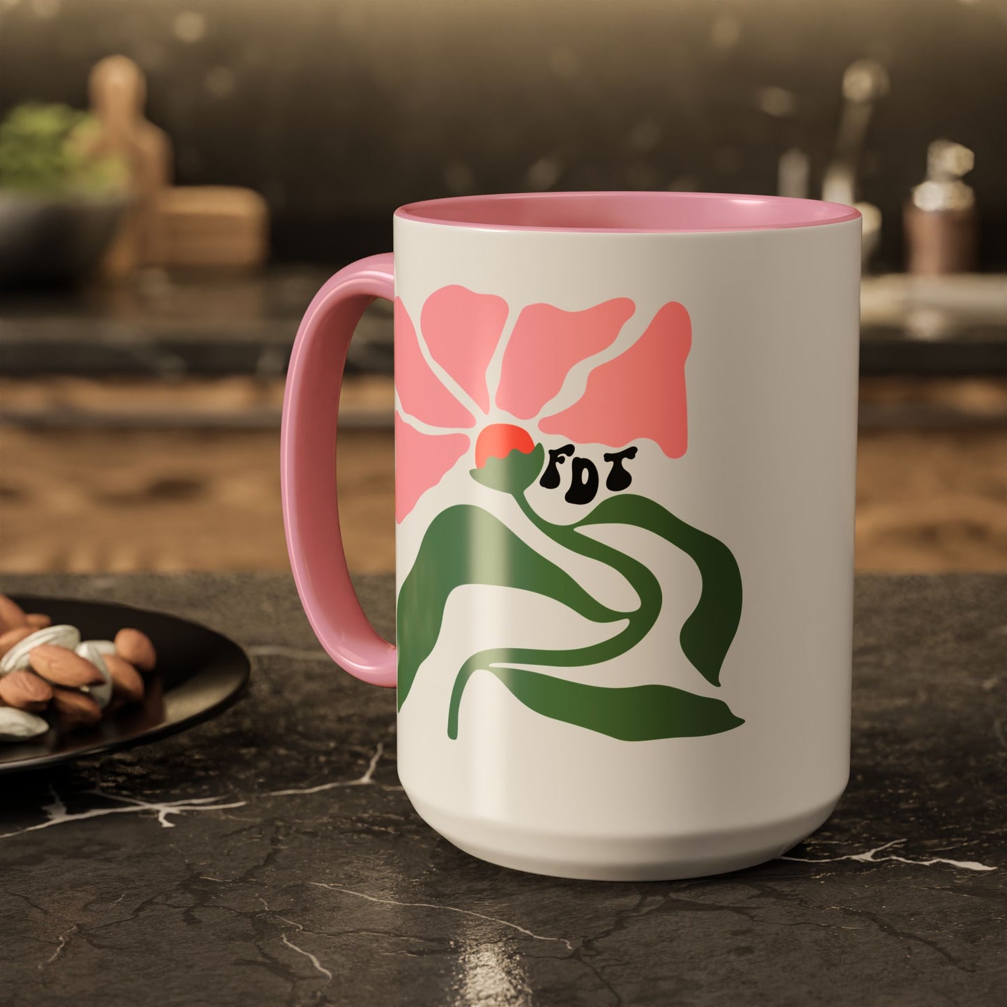 Ceramic Mug, Colored Accents - 'FDT' Pink Floral