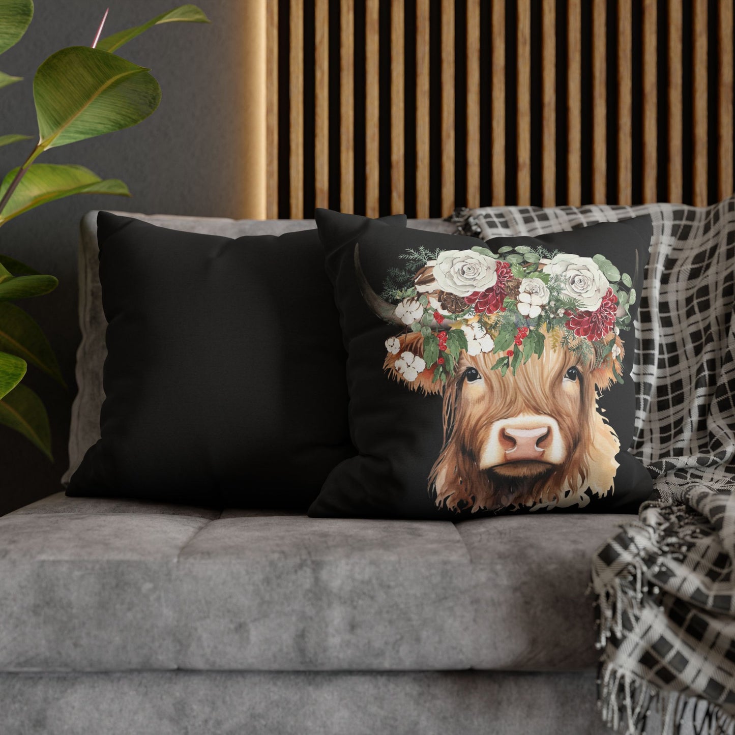 Highland Cow Christmas Floral Square Pillow Case