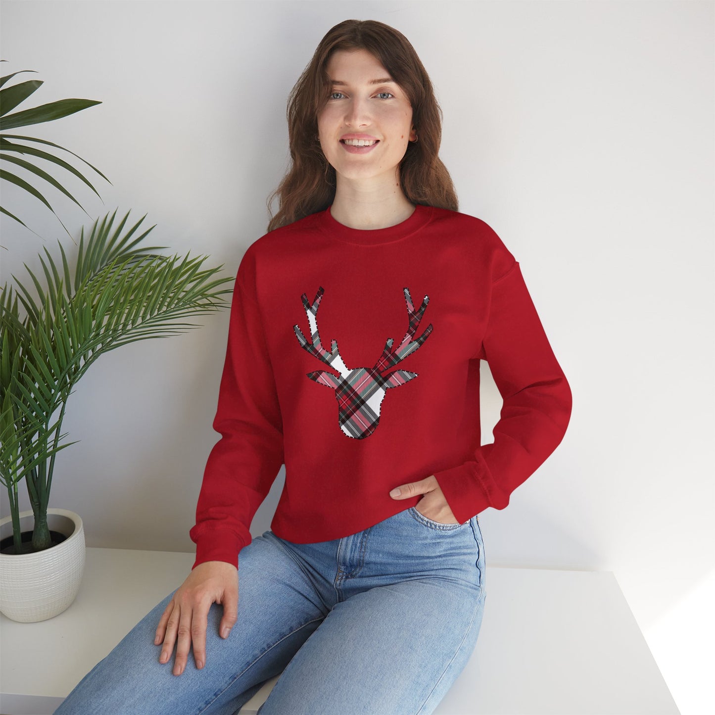 White Tartan Reindeer Holiday Sweatshirt | up to Plus Size 5X