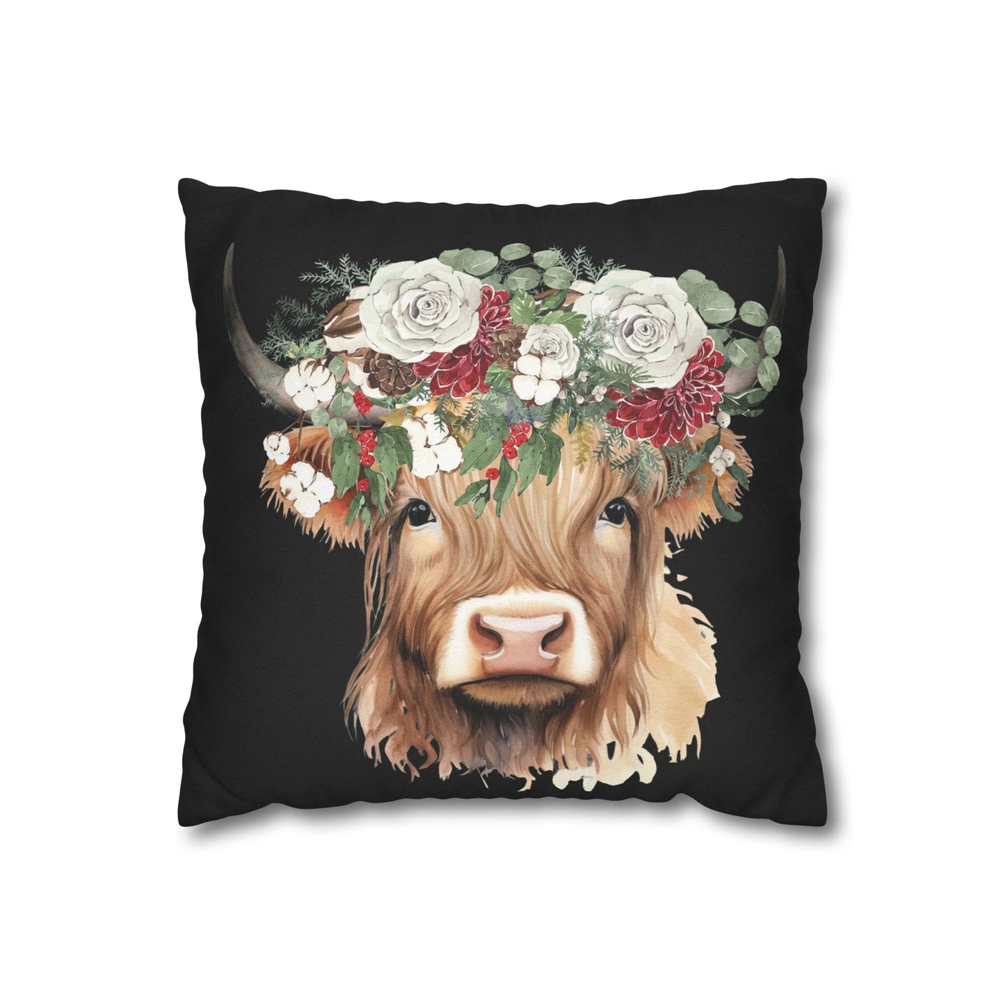 Highland Cow Christmas Floral Square Pillow Case