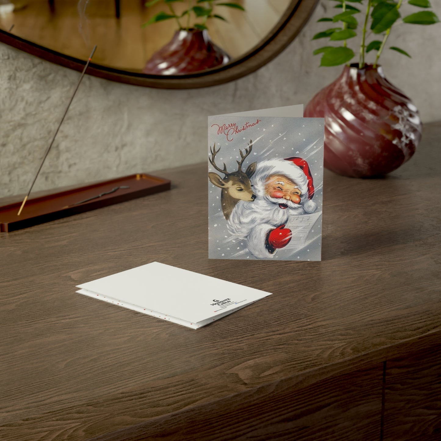 Retro Santa with Reindeer Christmas Greeting Card