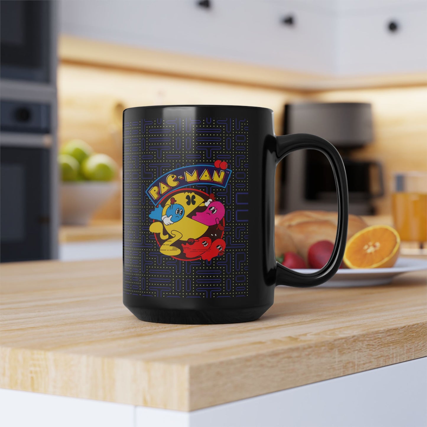 Pac-Man Themed Black Ceramic Mug