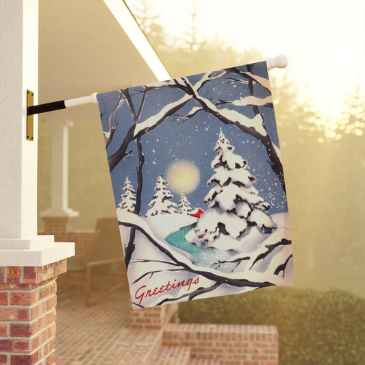 Vintage Winter “Greetings!” Christmas Garden Flag or House Banner