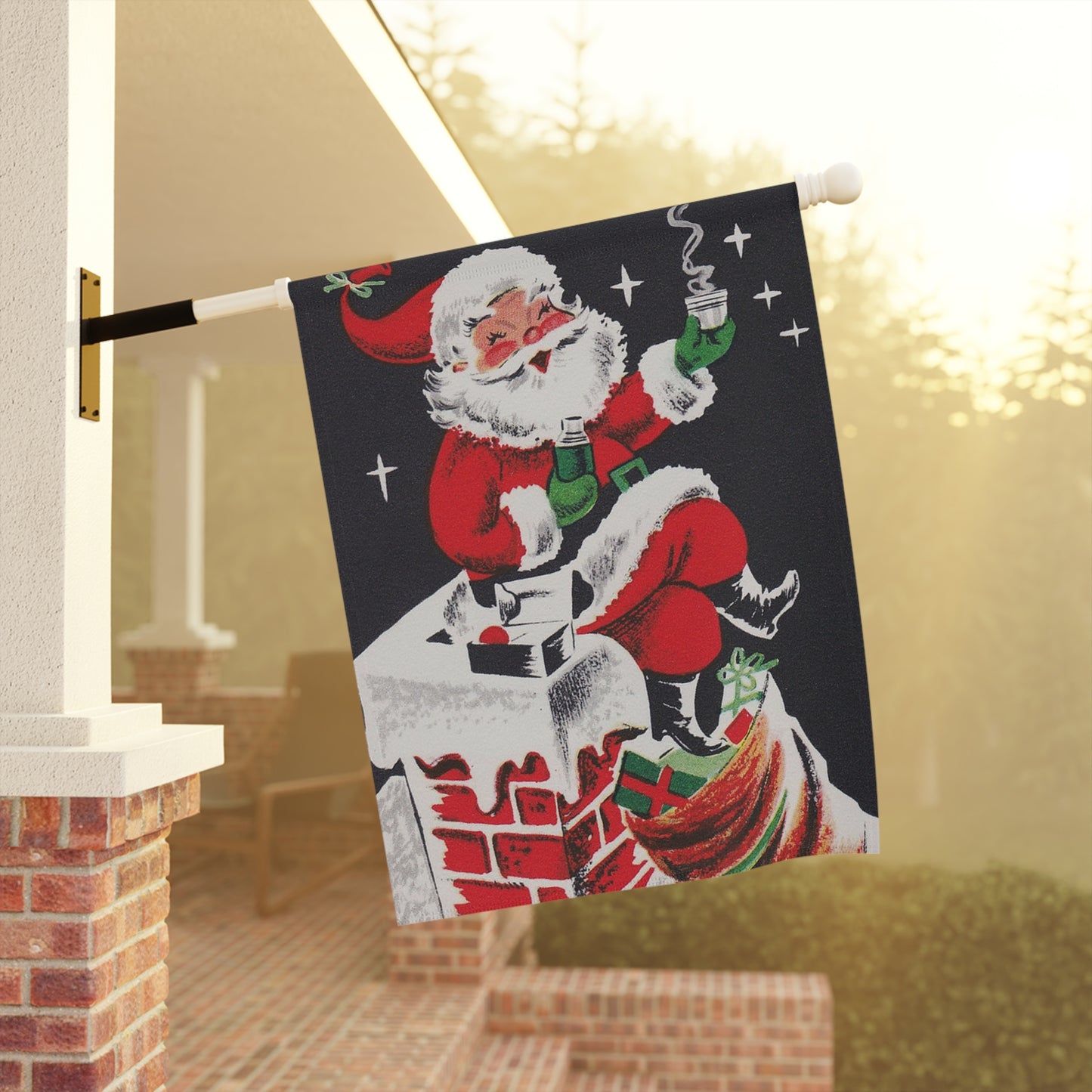 Retro Santa on Chimney Christmas Garden Flag or House Banner