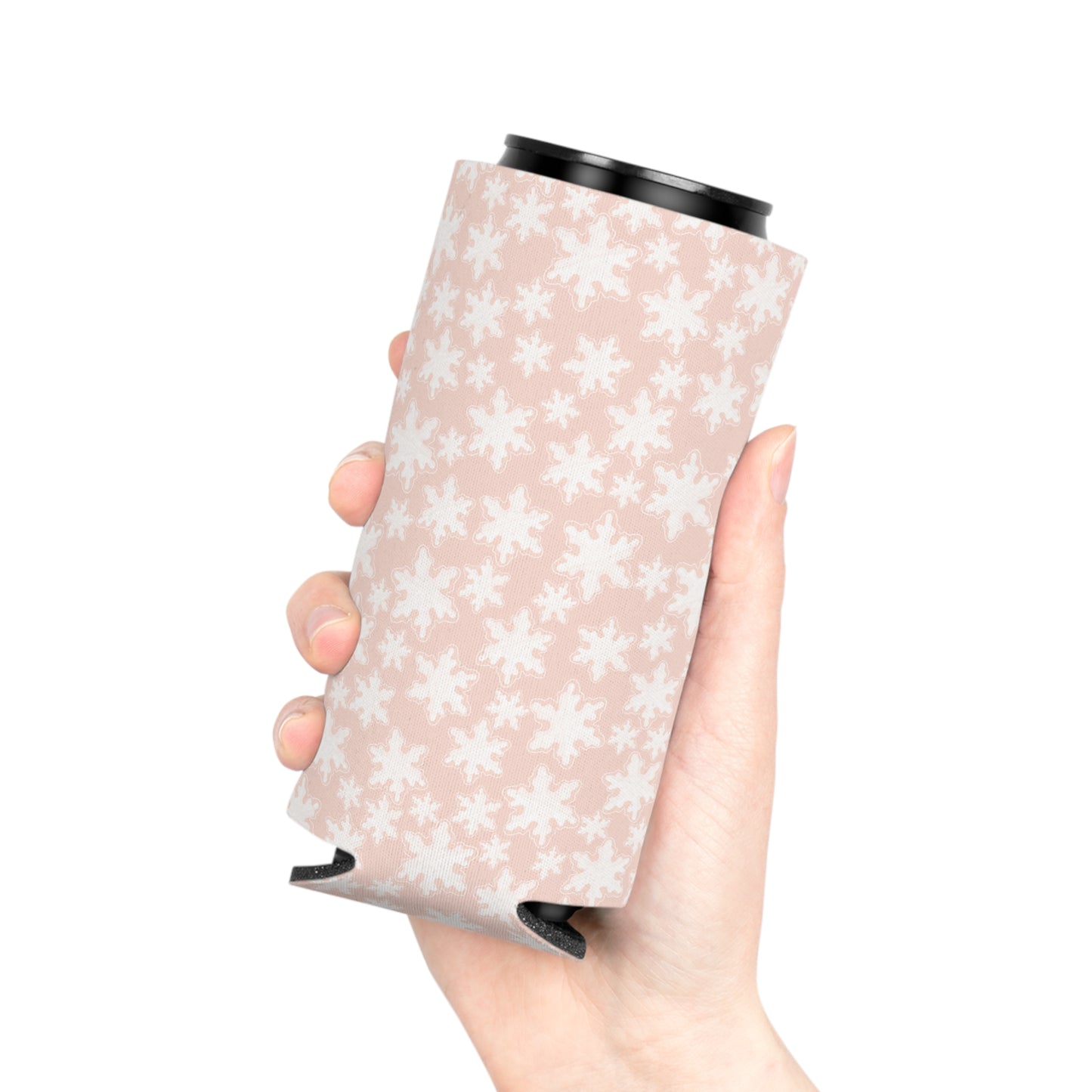 Can Cooler, Standard or Slim Size - Pastel Pink Snowflakes