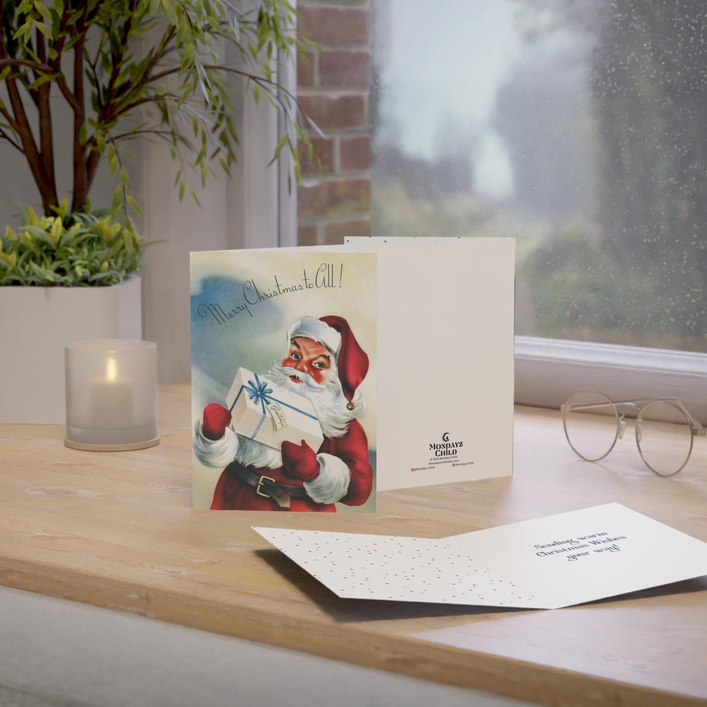 Retro Santa with Present Christmas Greeting Card