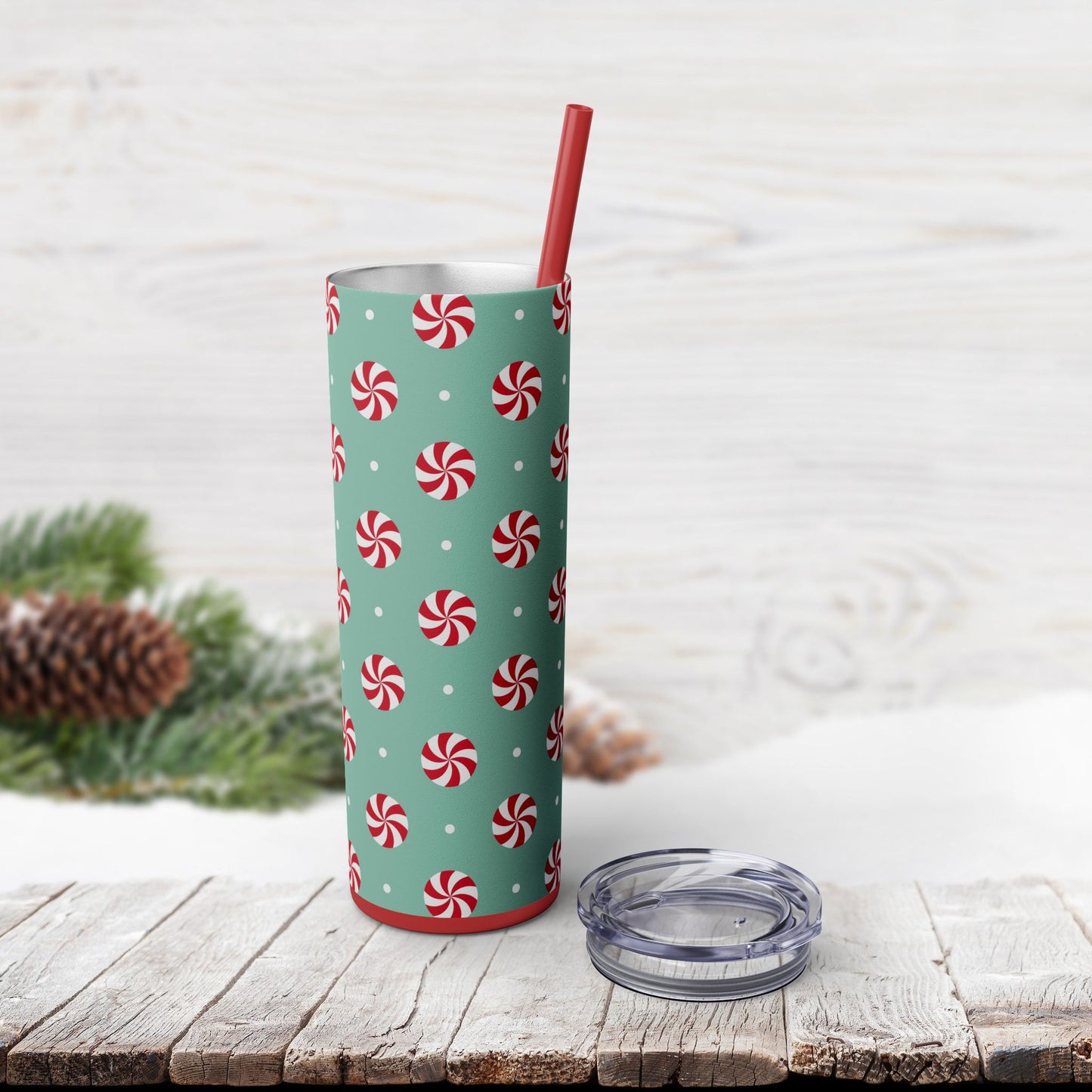 Skinny Tumbler with Straw, 20oz - Peppermint Swirl Candies