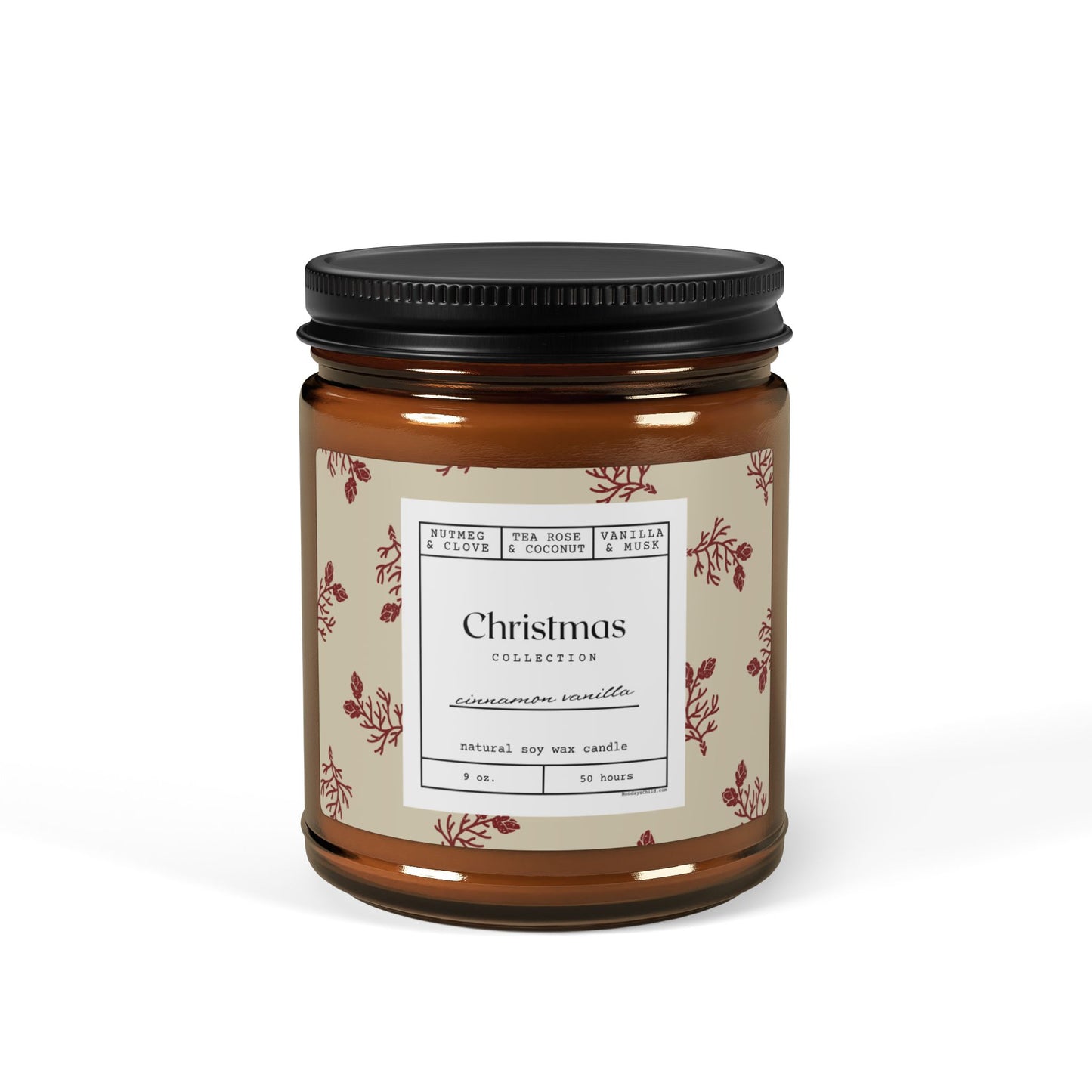 Cinnamon Vanilla Scented Soy Candle in Festive Amber Jar