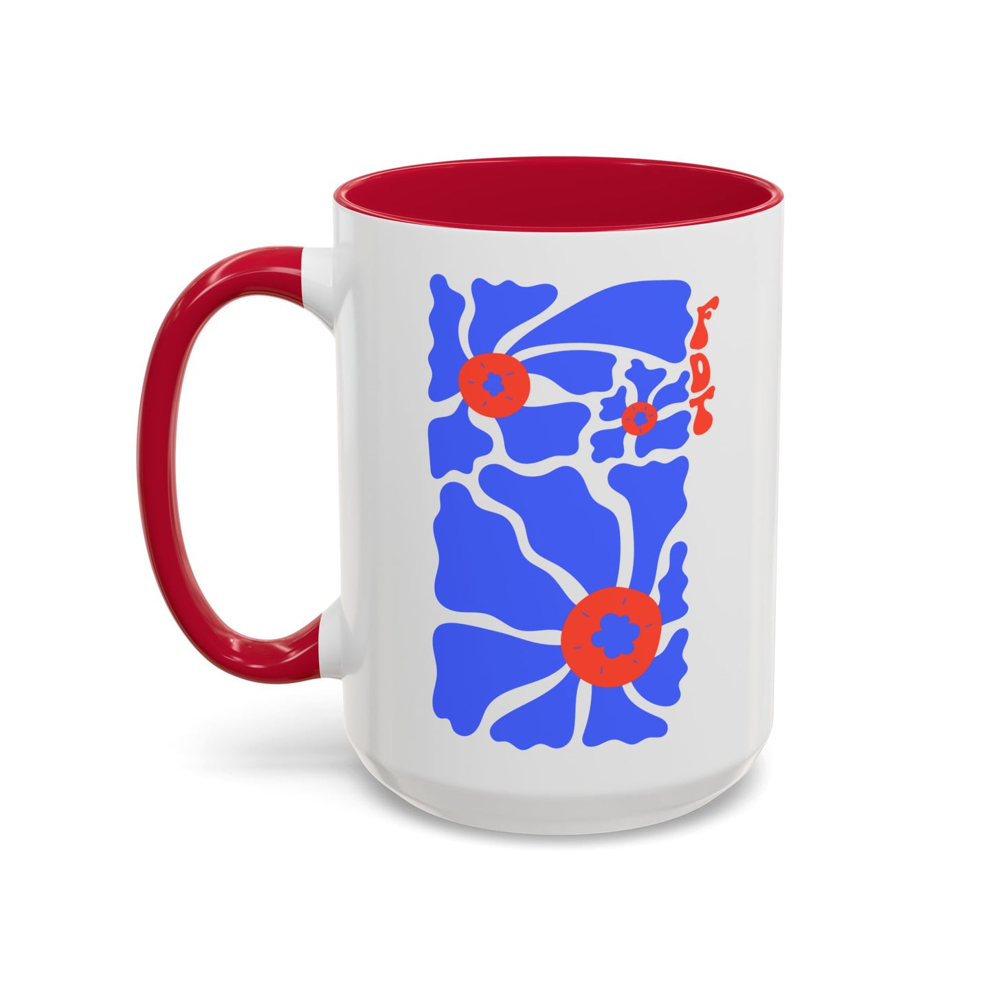 Ceramic Mug, Colored Handle - 'FDT' Red & Blue Floral
