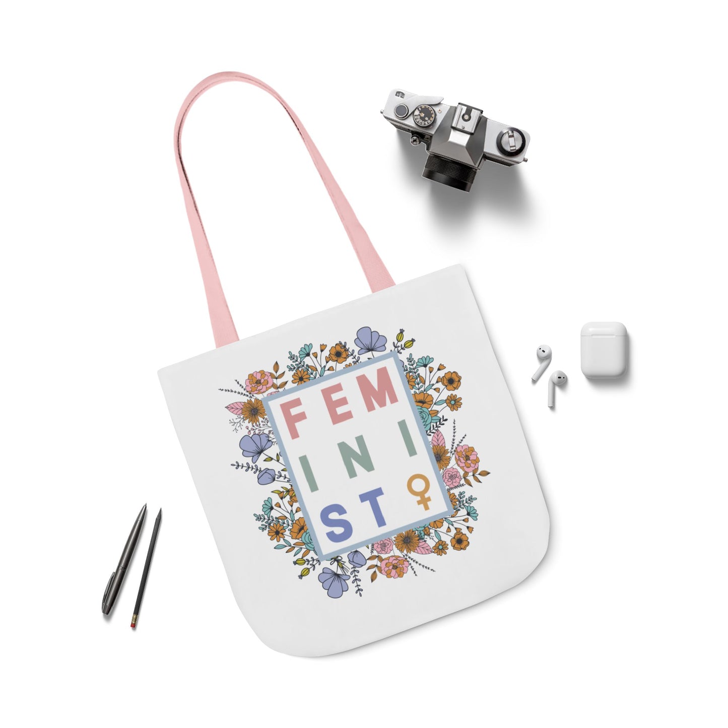 Canvas Tote, Colored Handles - Feminist Floral
