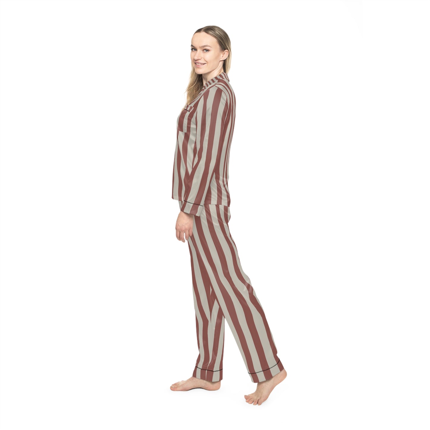 Luxury Satin Striped Pajamas - Caramel Latte | Black Trim, up to 3X