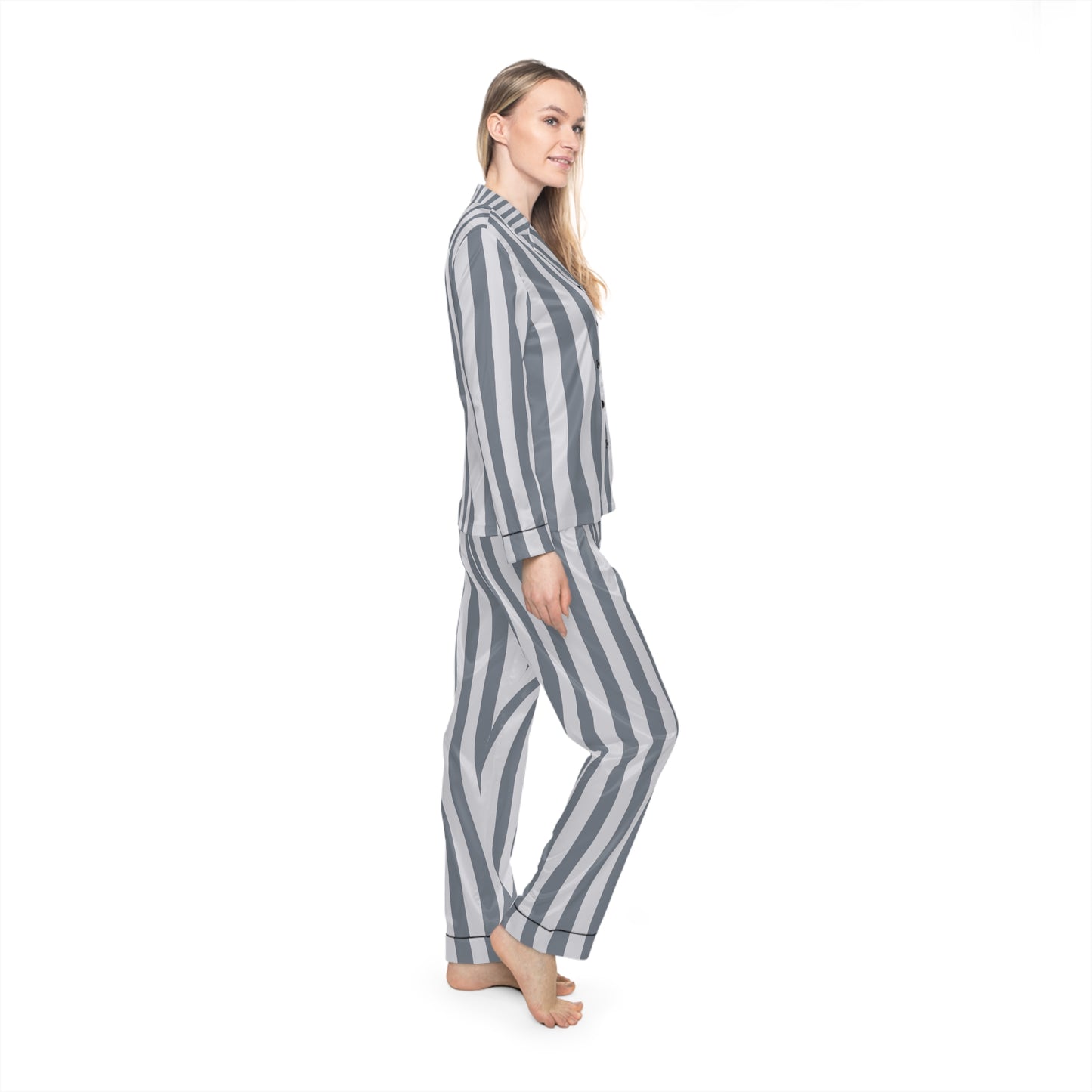 Luxury Satin Striped Pajamas - Platinum Stripe | Black Trim, up to 3X