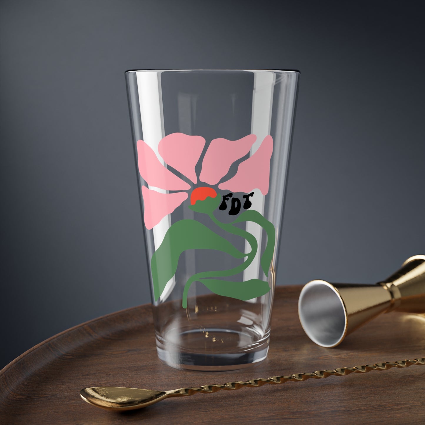 ‘FDT’ Pink Floral Pint Glass