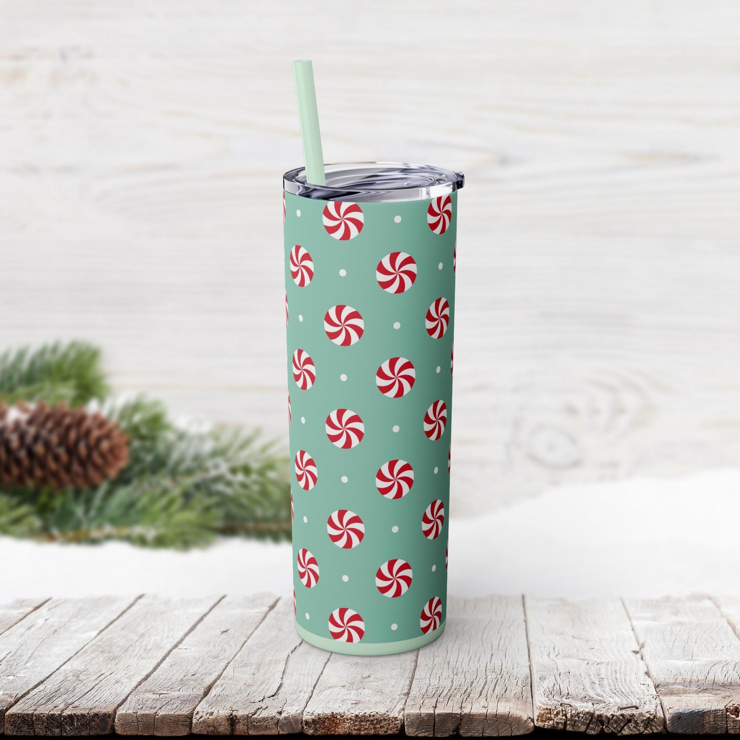 Skinny Tumbler with Straw, 20oz - Peppermint Swirl Candies