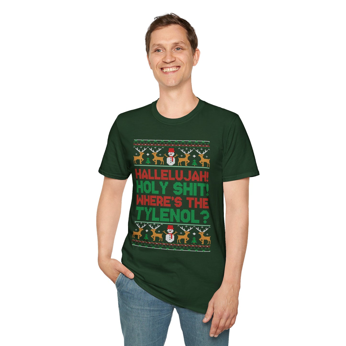 “Hallelujah! Holy Shit! Where’s the Tylenol?” Holiday Ugly Sweater Tee