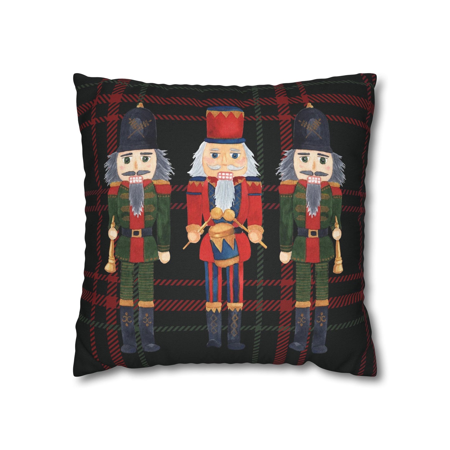 Festive Nutcrackers on Christmas Plaid Square Pillow Case