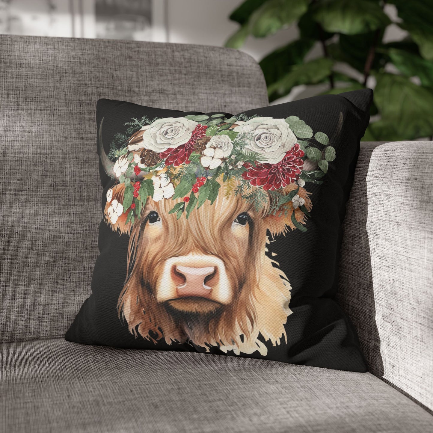 Highland Cow Christmas Floral Square Pillow Case