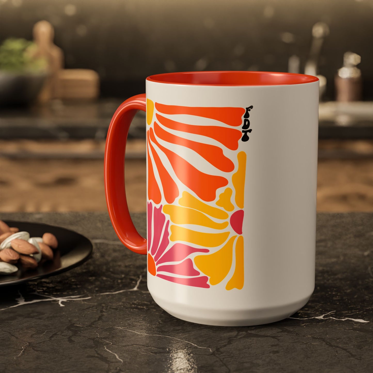 Ceramic Mug with Orange Accents - 'FDT' Colorful Floral