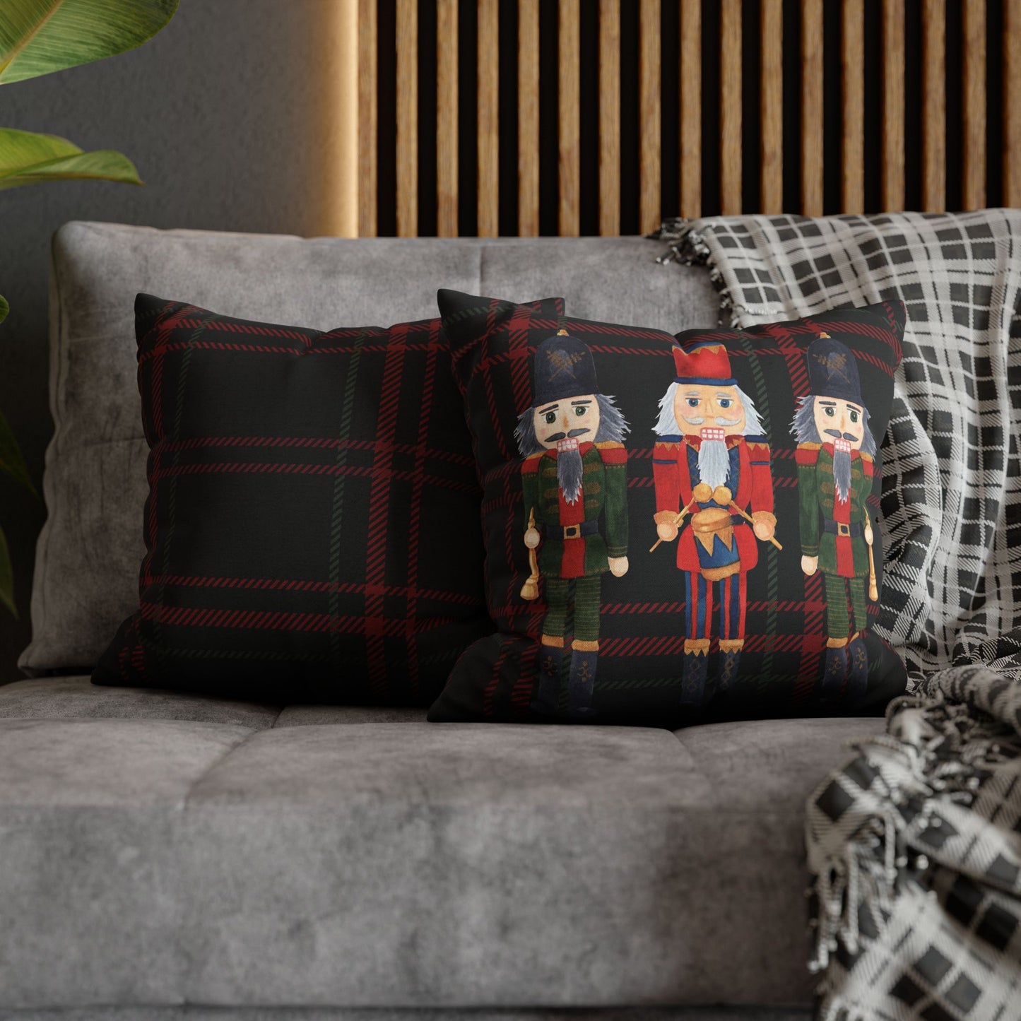 Festive Nutcrackers on Christmas Plaid Square Pillow Case