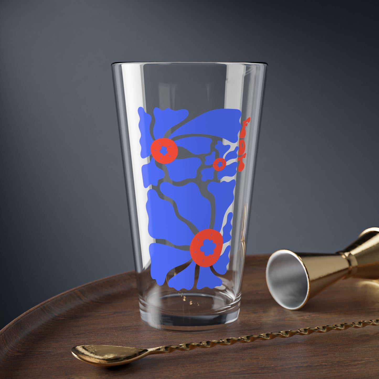 ‘FDT’ Red & Blue Floral Pint Glass