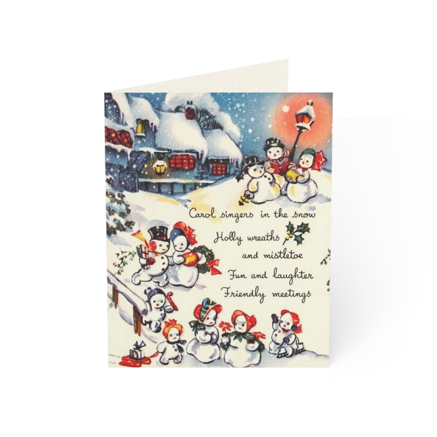 Vintage style Christmas Greeting Cards (1, 10, 30, and 50pcs), cute snowman scene, inside message, Christmas verse