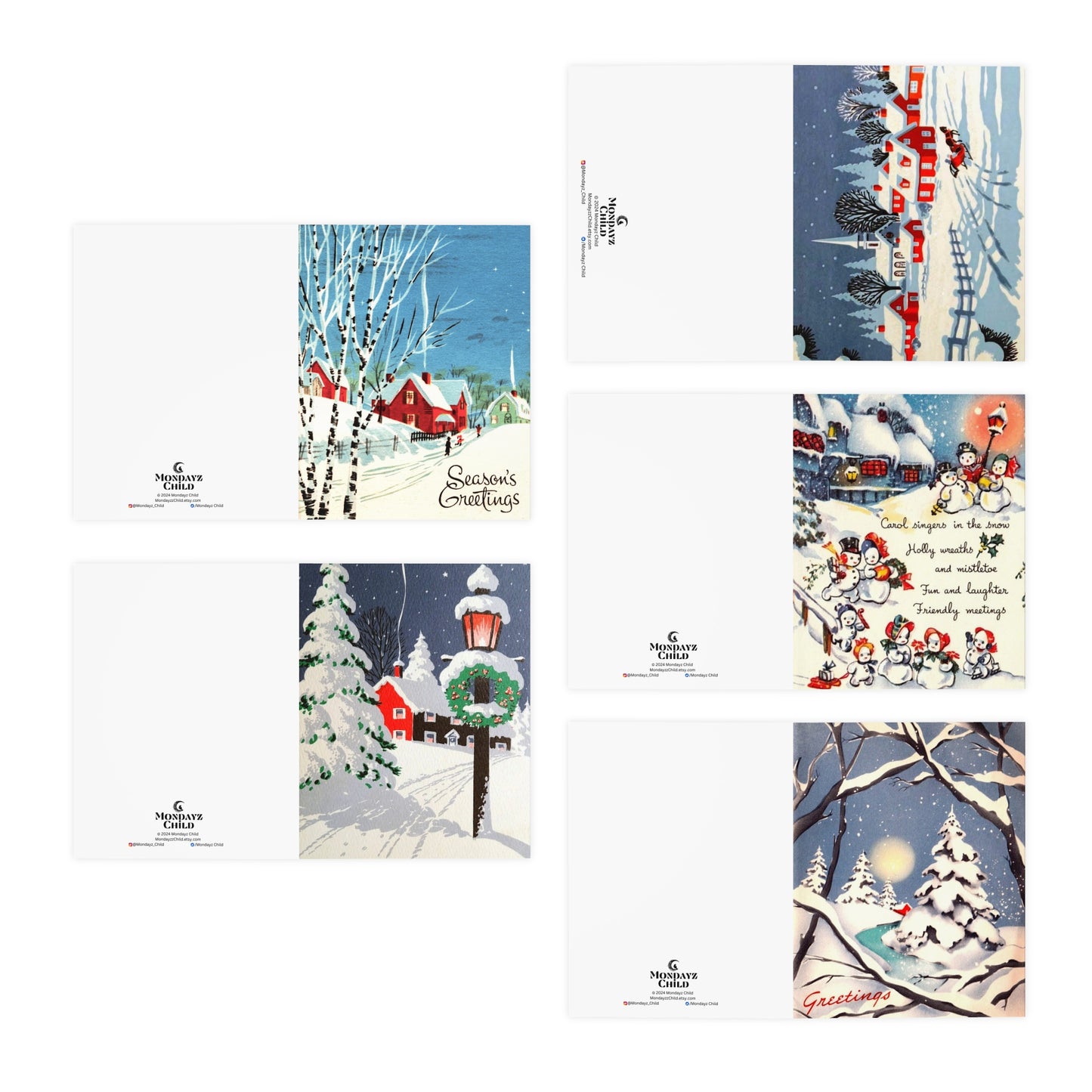 Vintage Style Winter Scenery Christmas Greeting Card 5-Pack