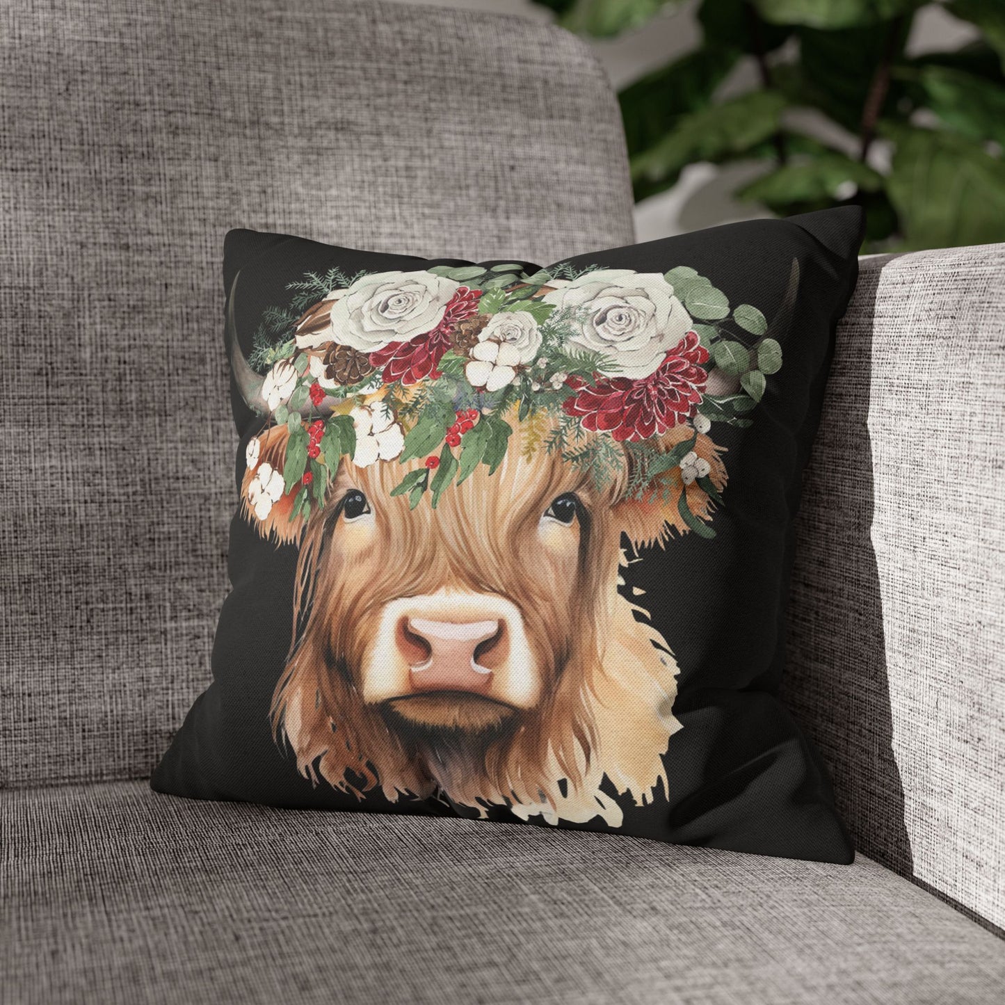 Highland Cow Christmas Floral Square Pillow Case