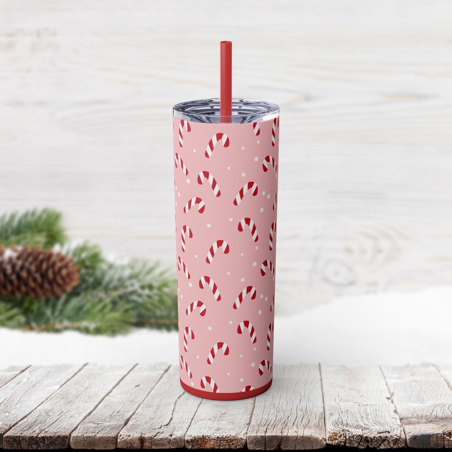 Skinny Tumbler with Straw, 20oz - Peppermint Pink Candy Canes