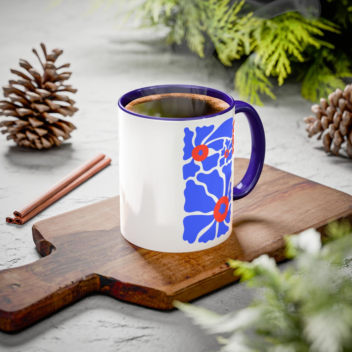 'FDT' Red & Blue Floral Ceramic Mug