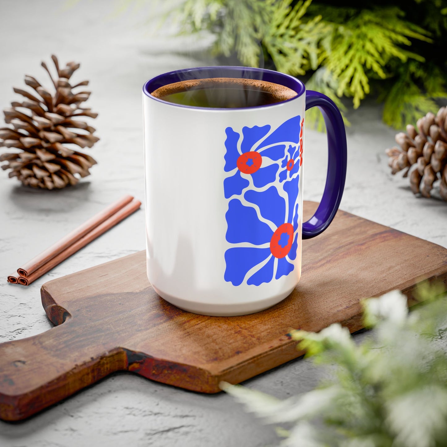 'FDT' Red & Blue Floral Ceramic Mug
