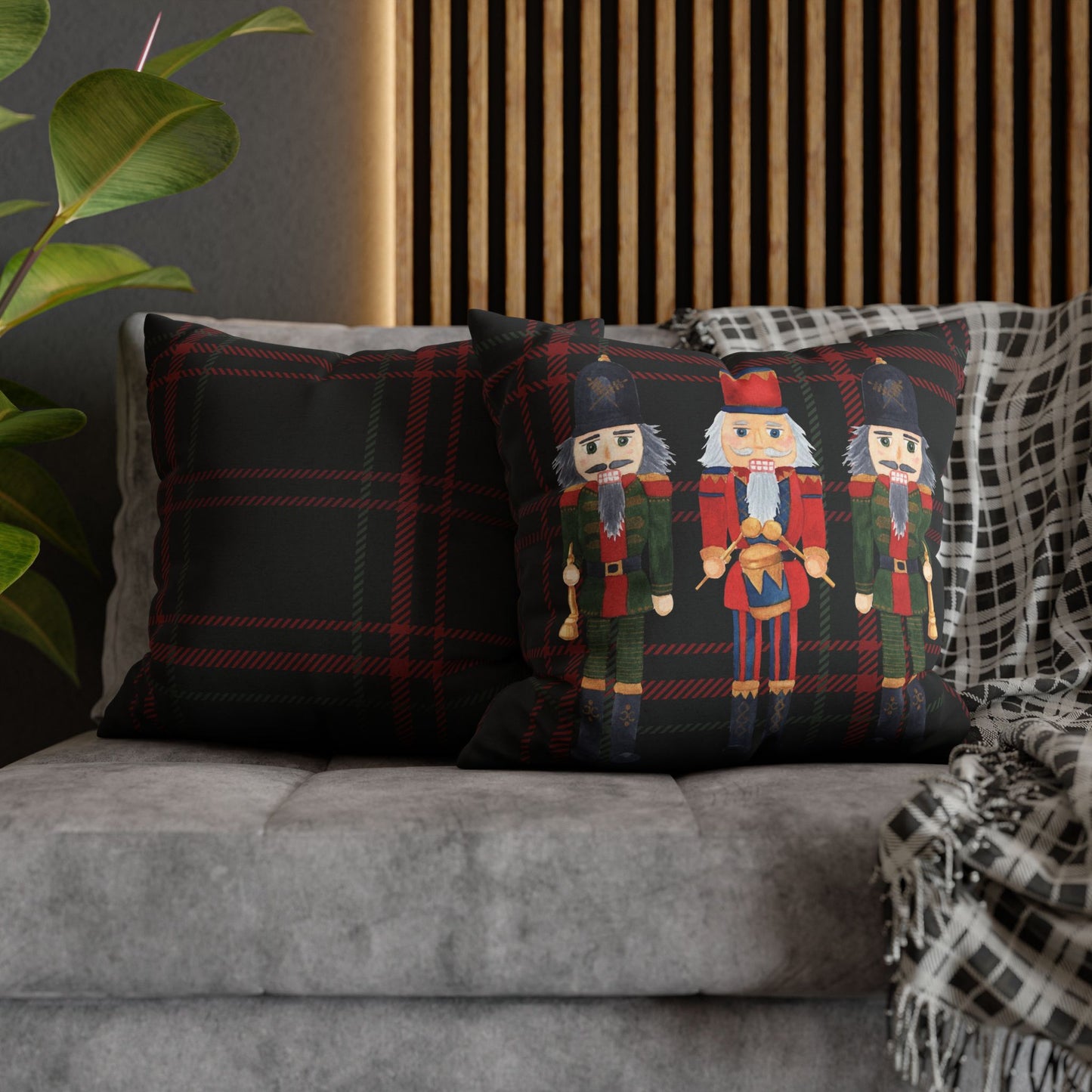 Festive Nutcrackers on Christmas Plaid Square Pillow Case