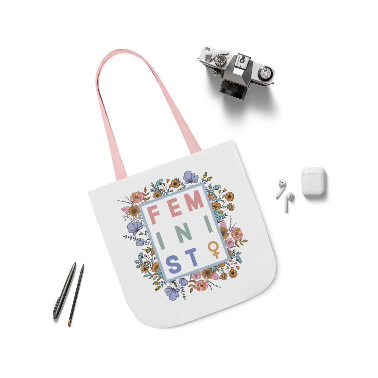 Canvas Tote, Colored Handles - Feminist Floral