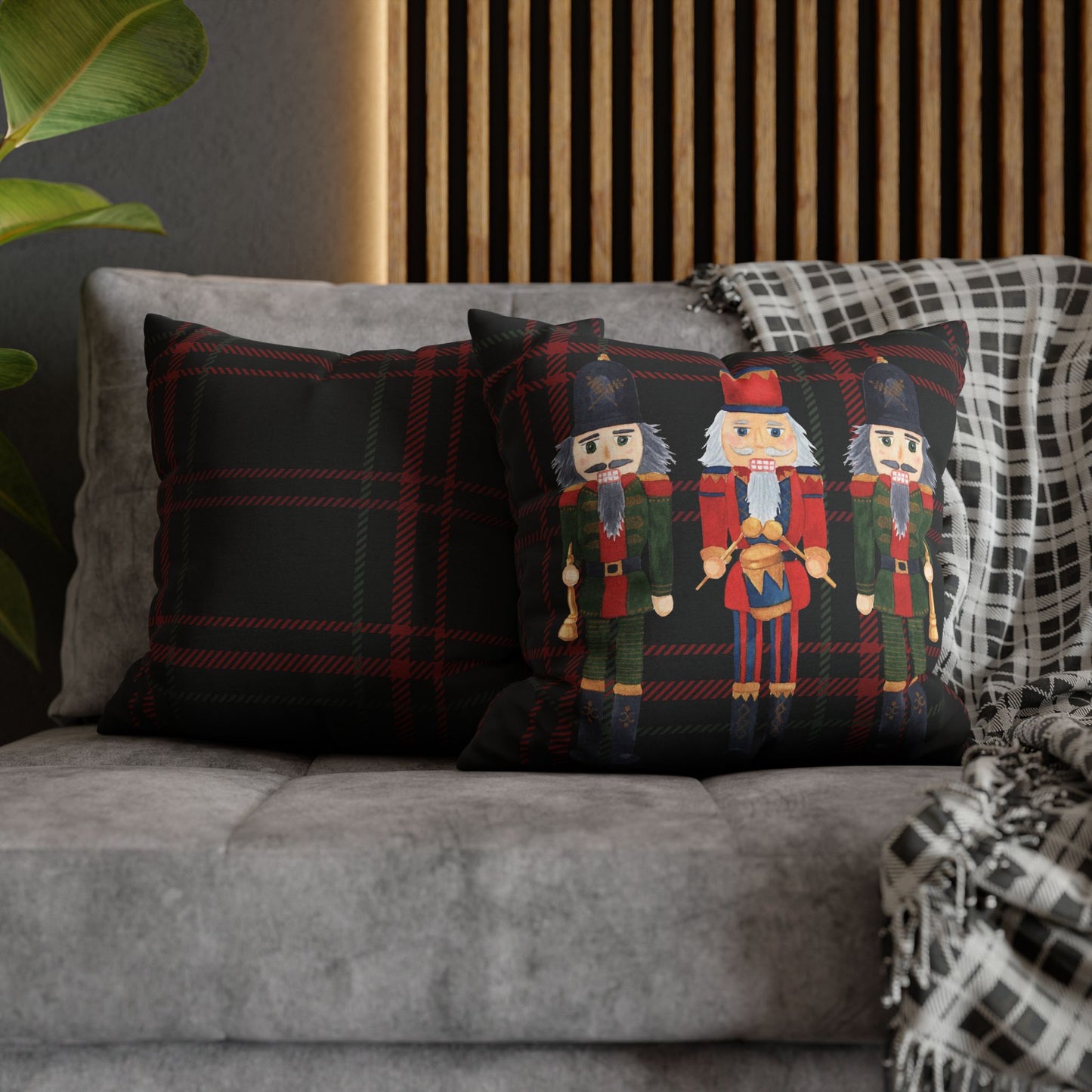 Festive Nutcrackers on Christmas Plaid Square Pillow Case