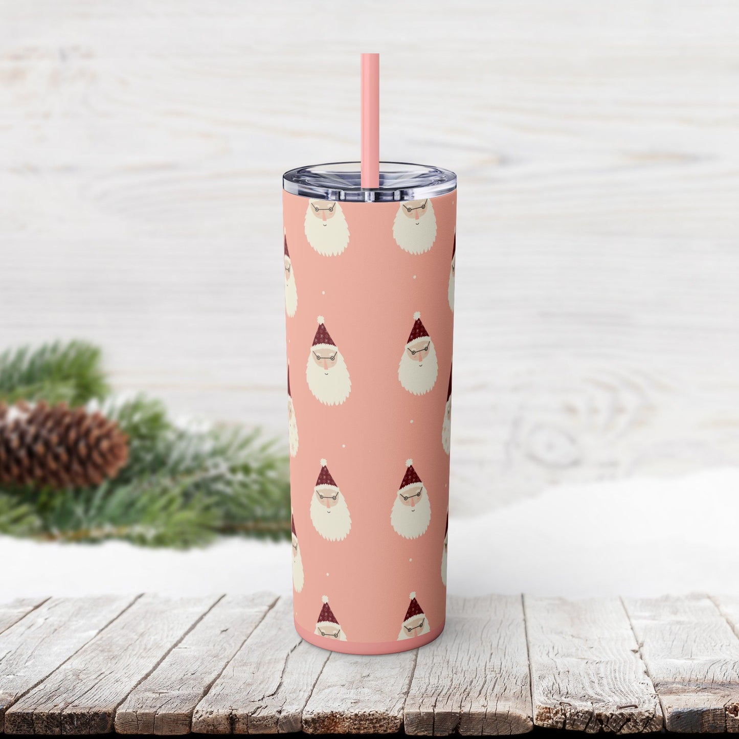 Skinny Tumbler with Straw, 20oz - Pink Santas