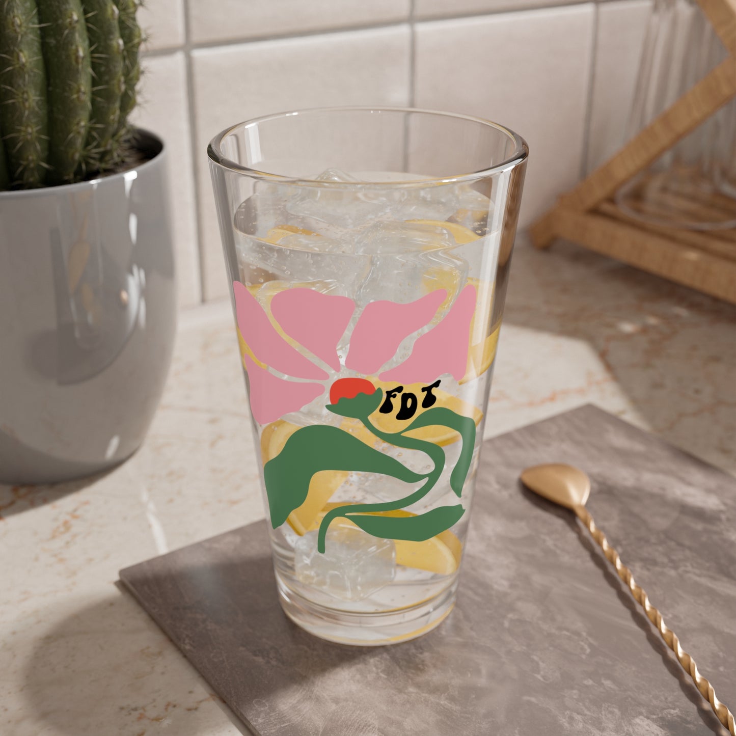 ‘FDT’ Pink Floral Pint Glass