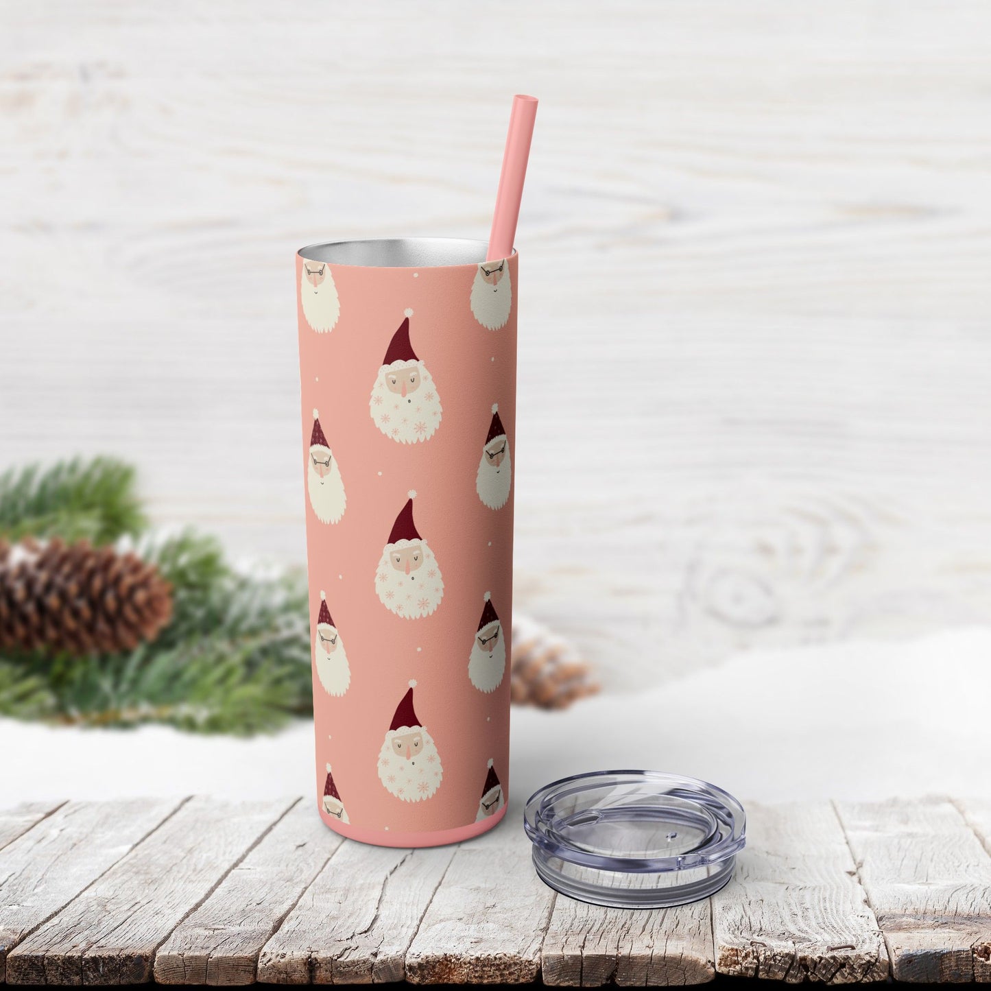 Skinny Tumbler with Straw, 20oz - Pink Santas